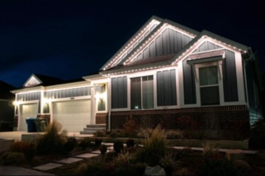 Permanent LED roofline lighting on a Sacramento home