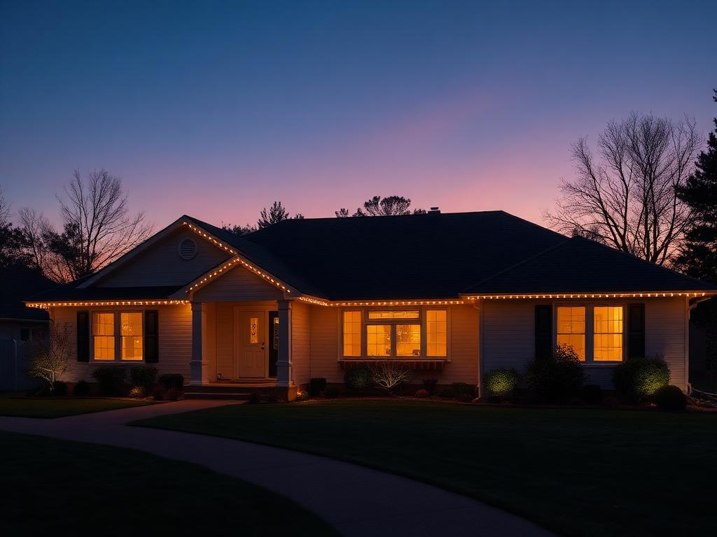 Warm white permanent lighting on a Sacramento ranch home