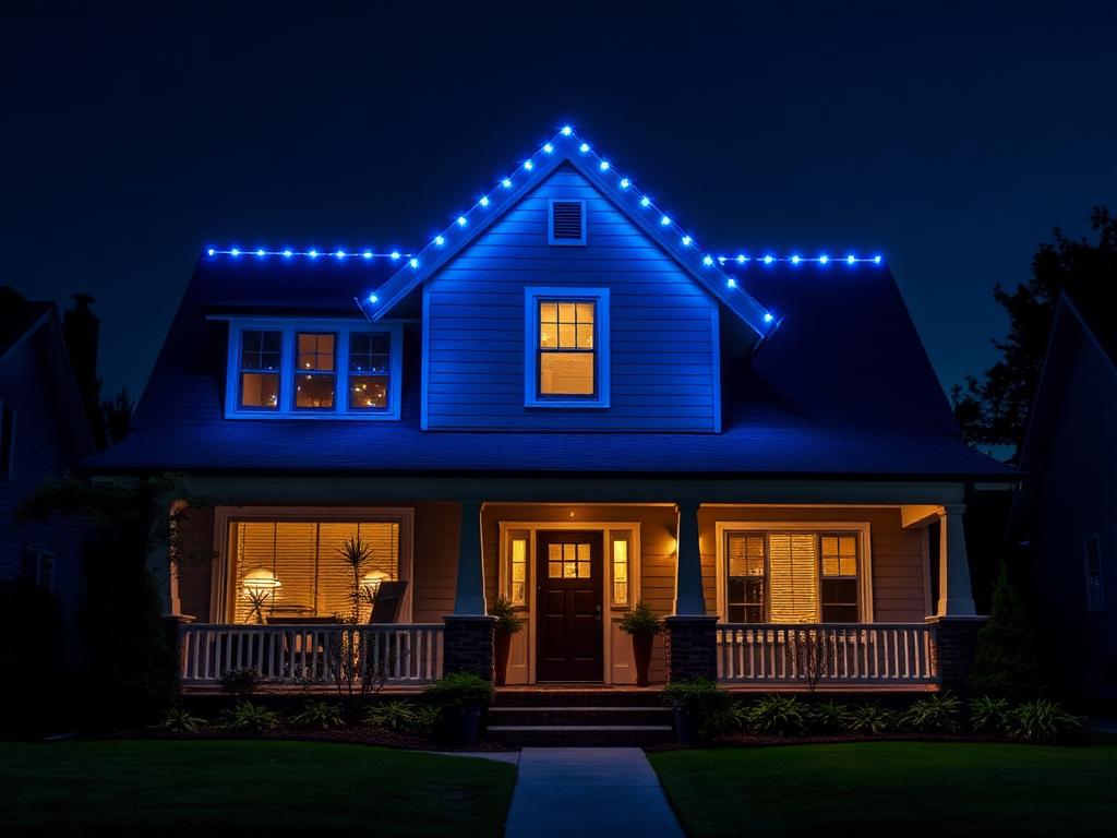 Blue and white permanent lighting on a craftsman home